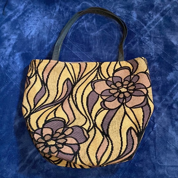 Shoppy Chic Purple & Tan Floral Carpet Bag Tote with Crushed Velvet Lining - Picture 1 of 9